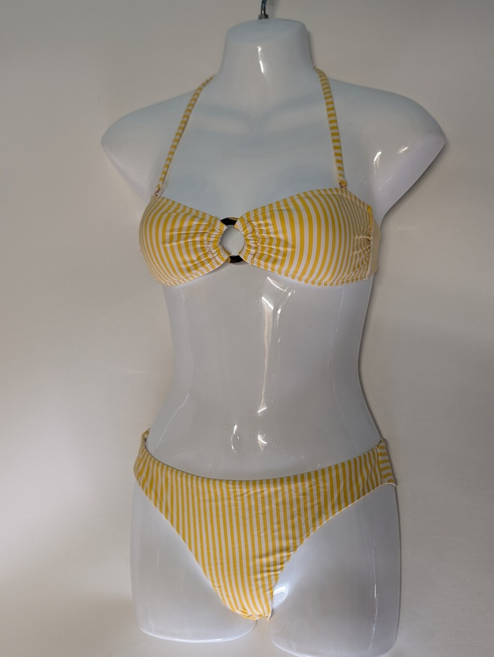 Ardene Yellow and White Striped Ring-Front Bikini Set Size XS